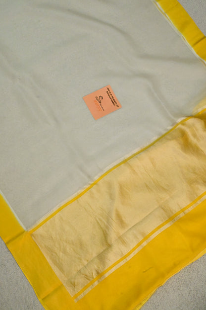 Handloom Pure Kora Organza Saree in Off-White with Vibrant Yellow Satin Border