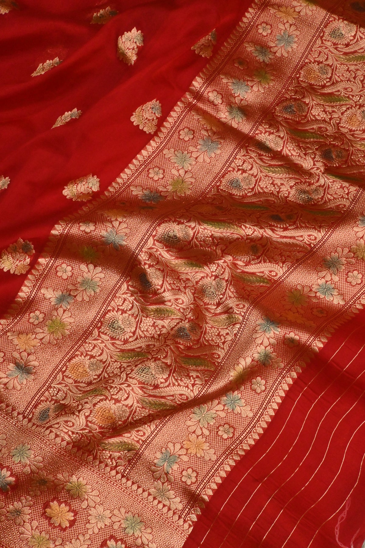 Handwoven Crimson Red Pure Kora Silk Saree with Gold Zari Weaving & Handbrush Work