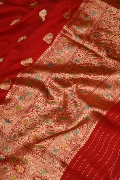 Handwoven Crimson Red Pure Kora Silk Saree with Gold Zari Weaving & Handbrush Work