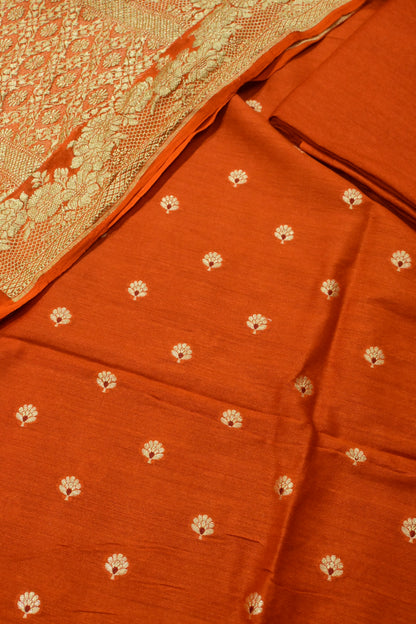 Rust Orange Handwoven Pure Khaddi Georgette Banarasi Suit Set with Gold Zari