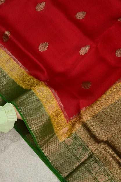 Handwoven Crimson Red Pure Kora Silk Banarasi Saree with Contrasting yellow and Green Border