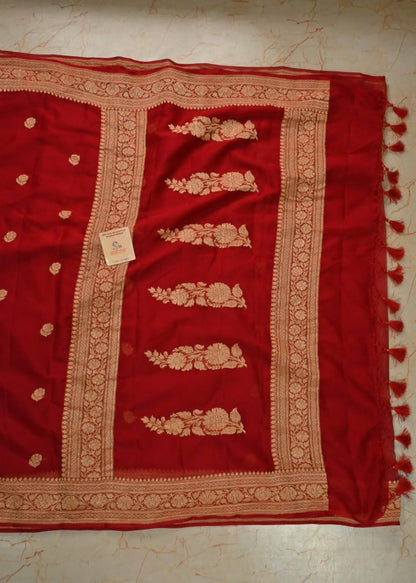 Handwoven Red Gold Nim Zari Saree