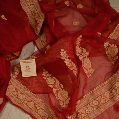 Handwoven Red Gold Nim Zari Saree
