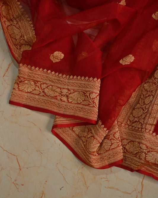 Handwoven Red Gold Nim Zari Saree
