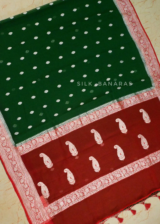 Handwoven Pure Khaddi Chiffon Saree in Bottle Green and Red