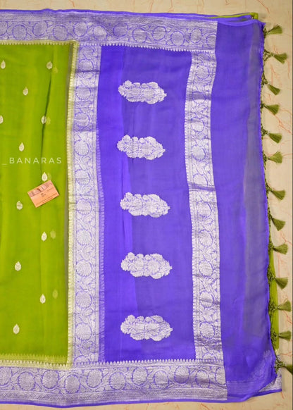 Handwoven Green with Lavender khaddi Chiffon