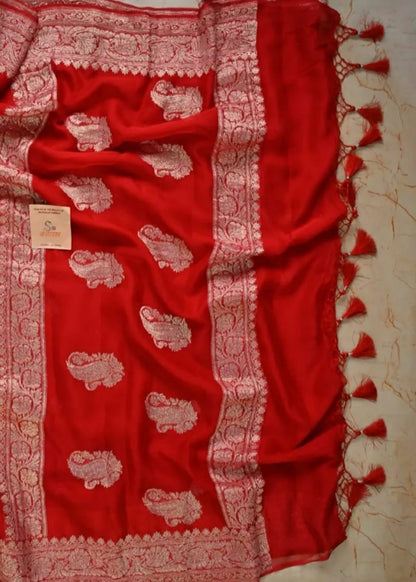 Hand Woven Red pure Khaddi Chiiffon Saree