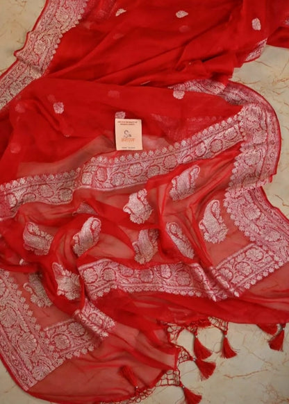 Hand Woven Red pure Khaddi Chiiffon Saree