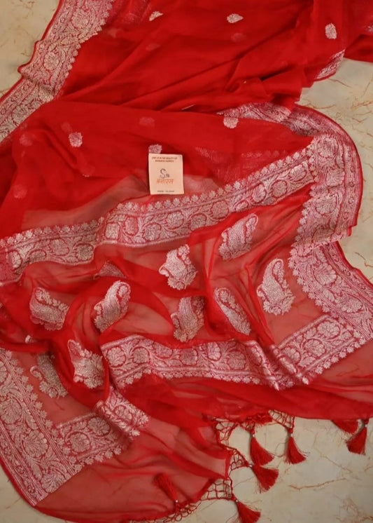 Hand Woven Red pure Khaddi Chiiffon Saree
