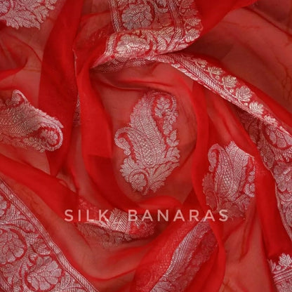 Hand Woven Red pure Khaddi Chiiffon Saree