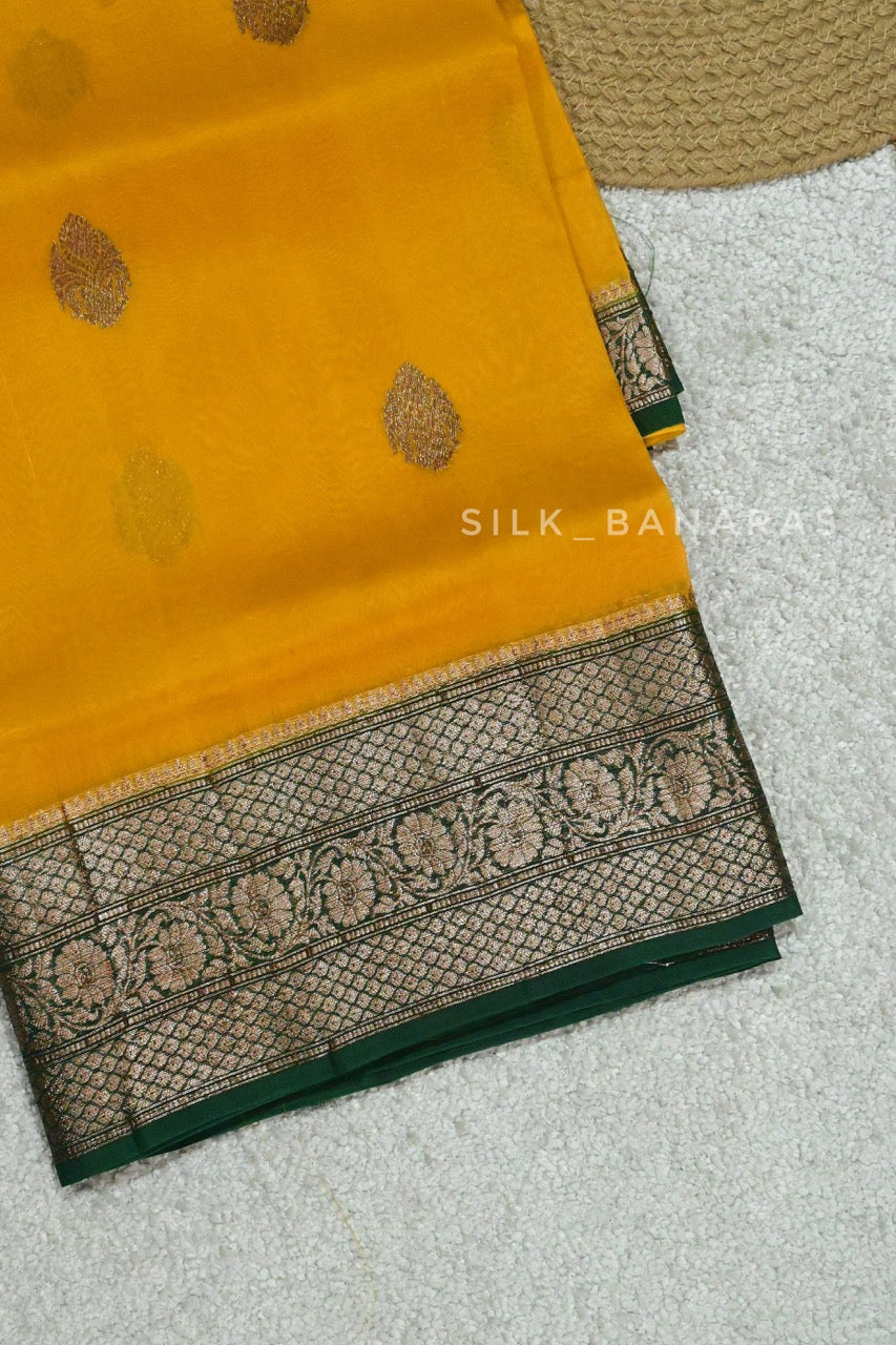 Handloom Pure kora Silk Saree in mustard Yellow with Bottle Green Shade