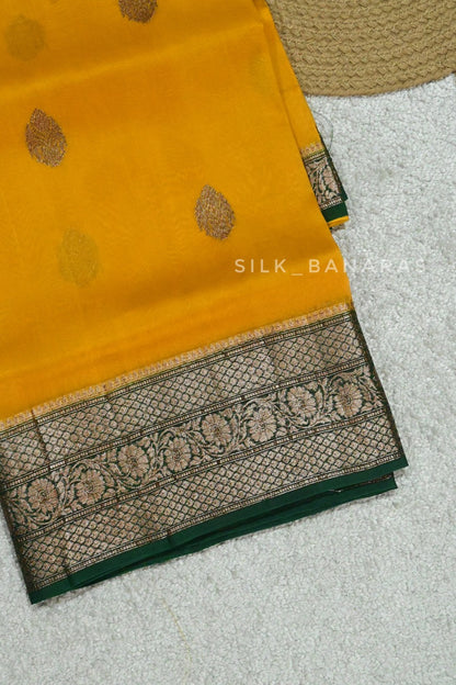 Handloom Pure kora Silk Saree in mustard Yellow with Bottle Green Shade